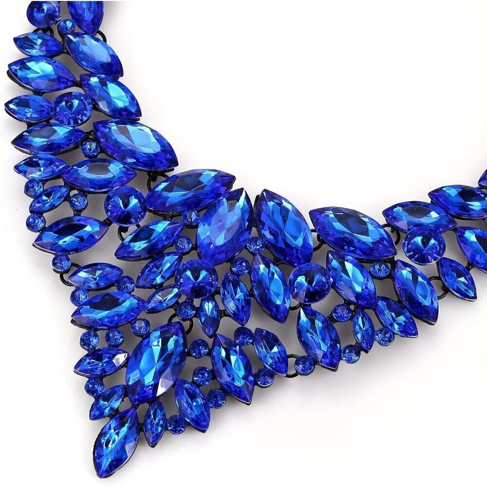 🆕 Women Blue Rhinestone Chunky Bib Collar Necklace Crystal Costume Jewelry Gift - Picture 8 of 8